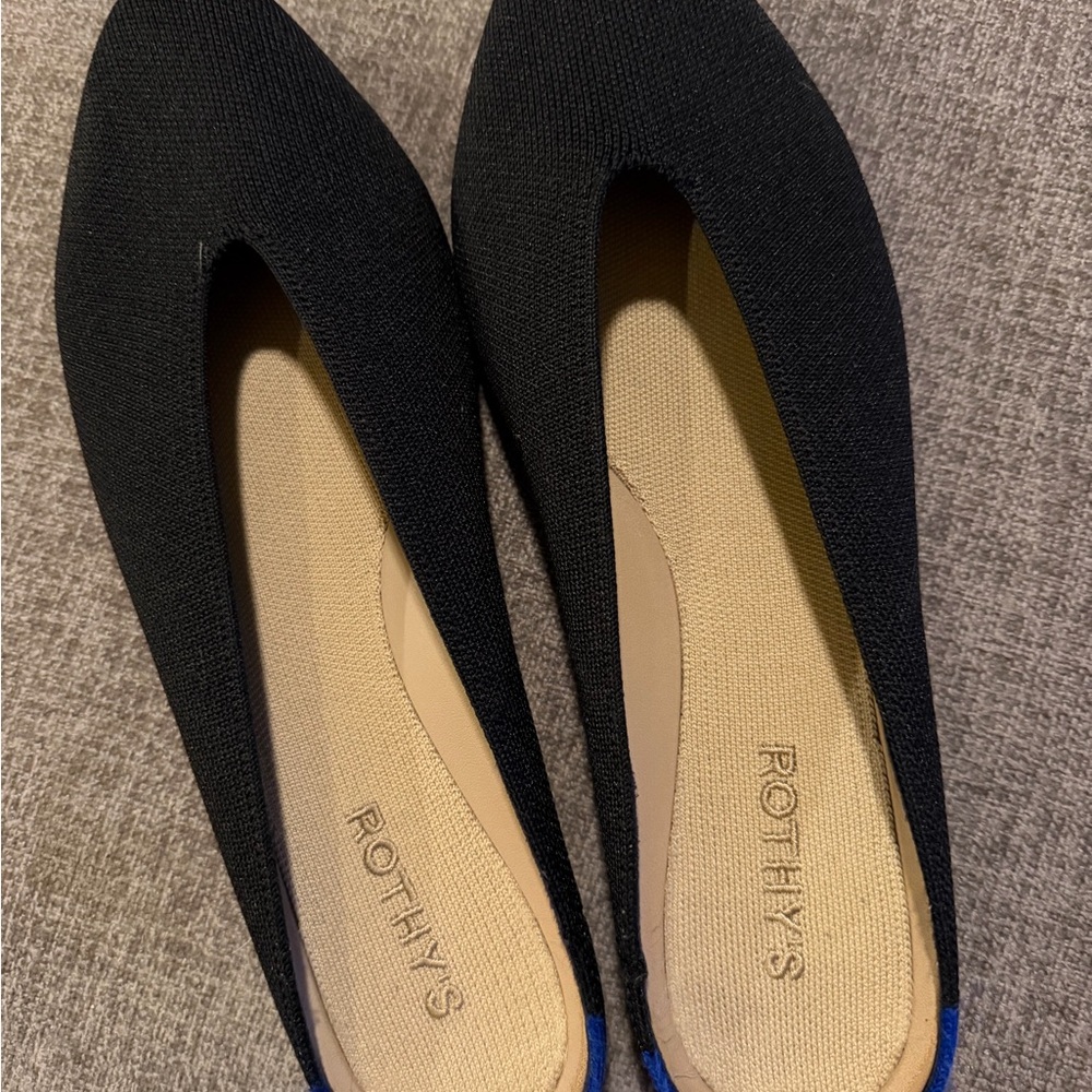 Rothy's Black Pointed Flats with Blue Heel Trim - Picture 6 of 7